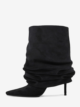 ブラック スエードアンクルブーツ レディース ポインテッドトゥ スラウチーブーティ
