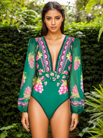 グリーン レディース長袖水着セット - グリーンフルーツプリントディープVモノキニ、ベルト付きマキシスカート - サマーリゾート2026