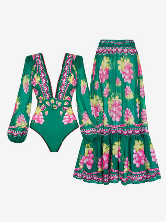 レディース長袖水着セット - グリーンフルーツプリントディープVモノキニ、ベルト付きマキシスカート - サマーリゾート2026