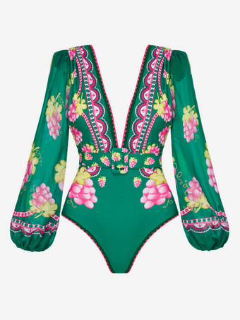 レディース長袖水着セット - グリーンフルーツプリントディープVモノキニ、ベルト付きマキシスカート - サマーリゾート2026