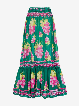 レディース長袖水着セット - グリーンフルーツプリントディープVモノキニ、ベルト付きマキシスカート - サマーリゾート2026