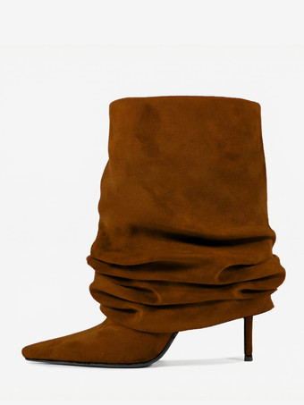 ブラウンスエードアンクルブーツ レディース ポインテッドトゥ スラウチーブーティ