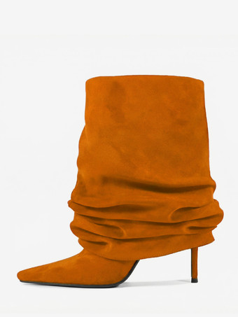 ブリックレッドスエードアンクルブーツ レディース ポインテッドトゥ スラウチーブーティ