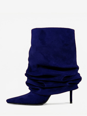 ディープブルースエードアンクルブーツ レディース ポインテッドトゥ スラウチーブーティ