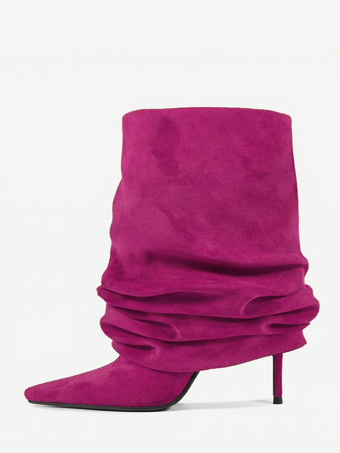 ローズレッドスエードアンクルブーツ レディース ポインテッドトゥ スラウチーブーティ