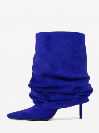 ブルー スエードアンクルブーツ レディース ポインテッドトゥ スラウチーブーティ