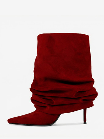 ワインレッド スエードアンクルブーツ レディース ポインテッドトゥ スラウチーブーティ