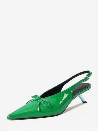 グリーン キトゥンヒールパンプス ポインテッドトゥ リボン スリッポン プロムシューズ