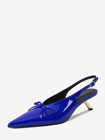 ブルー キトゥンヒールパンプス ポインテッドトゥ リボン スリッポン プロムシューズ