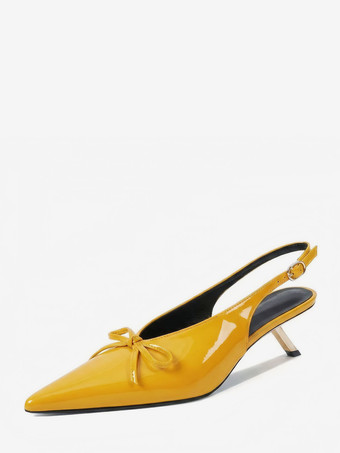 イエローキトゥンヒールパンプス ポインテッドトゥ リボン スリッポン プロムシューズ