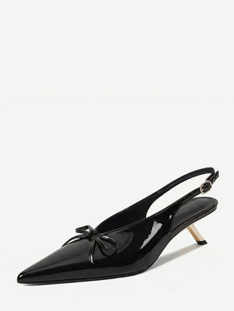 ブラック キトゥンヒールパンプス ポインテッドトゥ リボン スリッポン プロムシューズ
