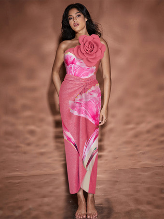 ピンク花柄プリントのツーピース水着セット（女性用） - 3Dフラワーモノキニとマキシ丈サロンスカートカバーアップ - サマービーチリゾート2026