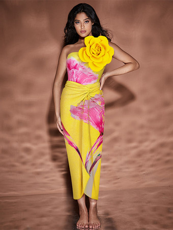 イエロー花柄プリントのツーピース水着セット（女性用） - 3Dフラワーモノキニとマキシ丈サロンスカートカバーアップ - サマービーチリゾート2026