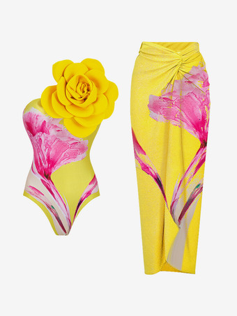 花柄プリントのツーピース水着セット（女性用） - 3Dフラワーモノキニとマキシ丈サロンスカートカバーアップ - サマービーチリゾート2026