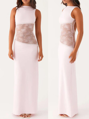 ライトピンクレースパッチワークマキシガウン（女性用） - エレガントなオープンバックノースリーブボディコンロングドレス - 2026年夏のフォーマルイブニングパーティー