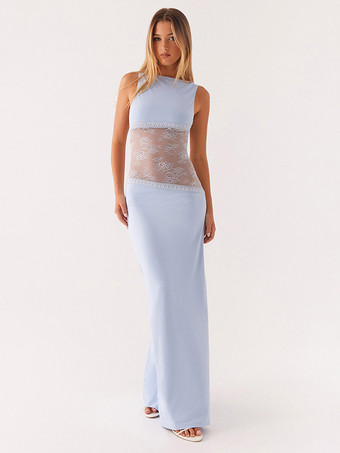 レースパッチワークマキシガウン（女性用） - エレガントなオープンバックノースリーブボディコンロングドレス - 2026年夏のフォーマルイブニングパーティー