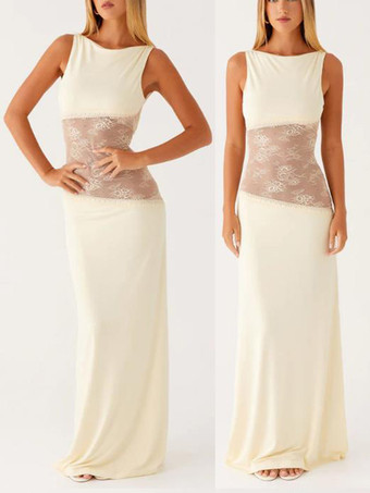 ベージュレースパッチワークマキシガウン（女性用） - エレガントなオープンバックノースリーブボディコンロングドレス - 2026年夏のフォーマルイブニングパーティー