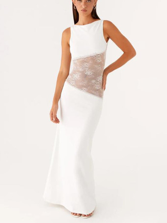 ホワイト レースパッチワークマキシガウン（女性用） - エレガントなオープンバックノースリーブボディコンロングドレス - 2026年夏のフォーマルイブニングパーティー