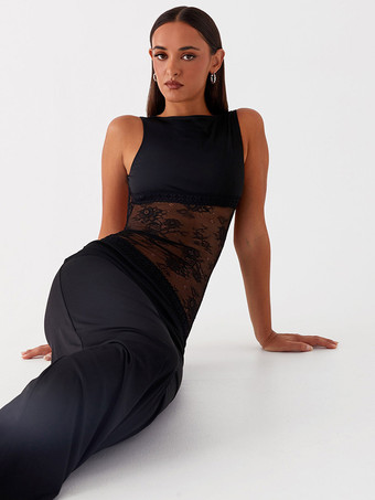 レースパッチワークマキシガウン（女性用） - エレガントなオープンバックノースリーブボディコンロングドレス - 2026年夏のフォーマルイブニングパーティー