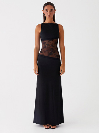 レースパッチワークマキシガウン（女性用） - エレガントなオープンバックノースリーブボディコンロングドレス - 2026年夏のフォーマルイブニングパーティー