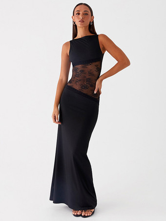 レースパッチワークマキシガウン（女性用） - エレガントなオープンバックノースリーブボディコンロングドレス - 2026年夏のフォーマルイブニングパーティー