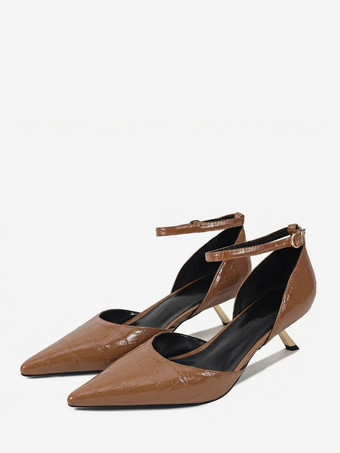 ディープアプリコットキトゥンヒールパンプス レディース ポインテッドトゥ ストーン柄 アンクルストラップパンプス