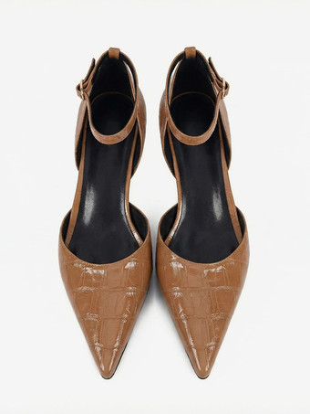 キトゥンヒールパンプス レディース ポインテッドトゥ ストーン柄 アンクルストラップパンプス