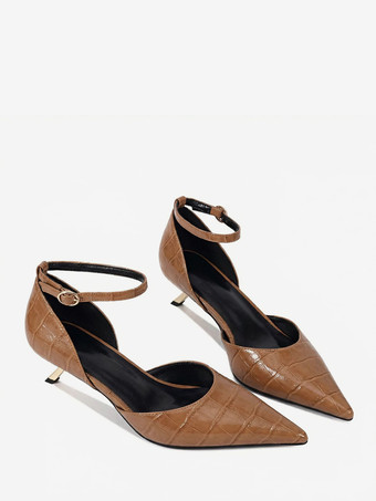 キトゥンヒールパンプス レディース ポインテッドトゥ ストーン柄 アンクルストラップパンプス