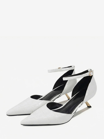 ホワイト キトゥンヒールパンプス レディース ポインテッドトゥ ストーン柄 アンクルストラップパンプス