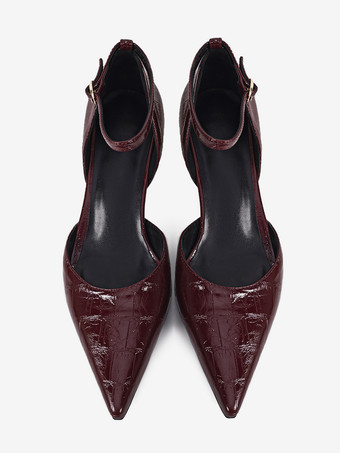 キトゥンヒールパンプス レディース ポインテッドトゥ ストーン柄 アンクルストラップパンプス