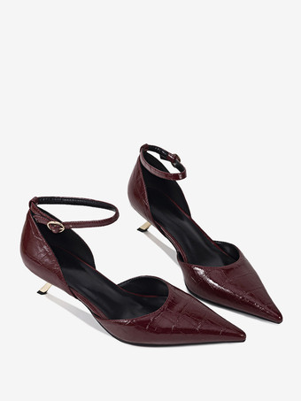 キトゥンヒールパンプス レディース ポインテッドトゥ ストーン柄 アンクルストラップパンプス