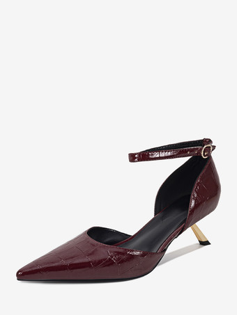 キトゥンヒールパンプス レディース ポインテッドトゥ ストーン柄 アンクルストラップパンプス