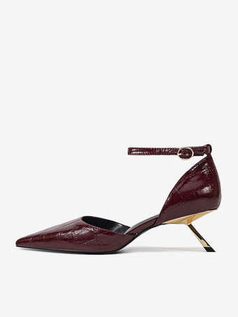 キトゥンヒールパンプス レディース ポインテッドトゥ ストーン柄 アンクルストラップパンプス