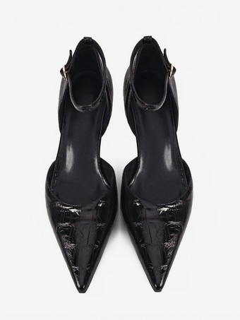 キトゥンヒールパンプス レディース ポインテッドトゥ ストーン柄 アンクルストラップパンプス