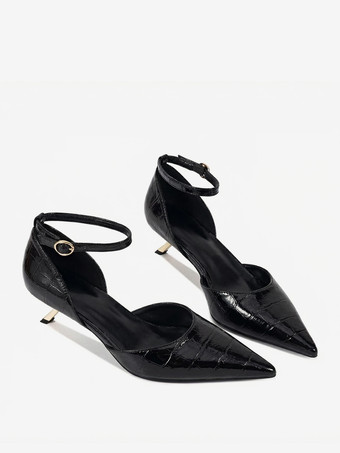 キトゥンヒールパンプス レディース ポインテッドトゥ ストーン柄 アンクルストラップパンプス