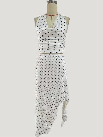 水玉模様のツーピースセット（レディース） - ホワイトのホルターネックトップスとフリル付きローハイマキシスカート - 2026年夏のビーチバケーション