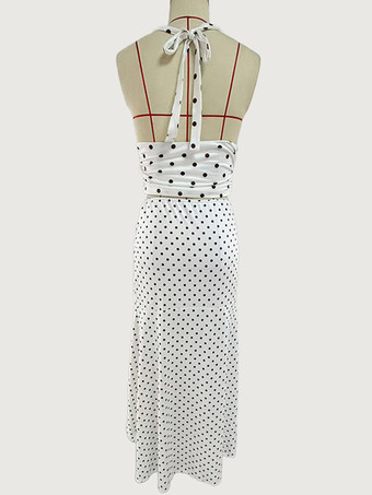 水玉模様のツーピースセット（レディース） - ホワイトのホルターネックトップスとフリル付きローハイマキシスカート - 2026年夏のビーチバケーション