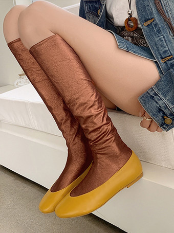 イエローレディース フラットブーツ ラウンドトゥ スラウチ ミッドカーフブーツ