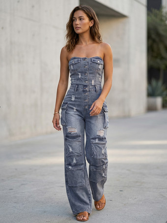 ブルー レディース用カーゴストラップレスデニムジャンプスーツ - ブルー Y2K ダメージ加工ワイドレッグボディコンプレイスーツ（ポケット付き） - サマーナイトアウトクラブ 2026