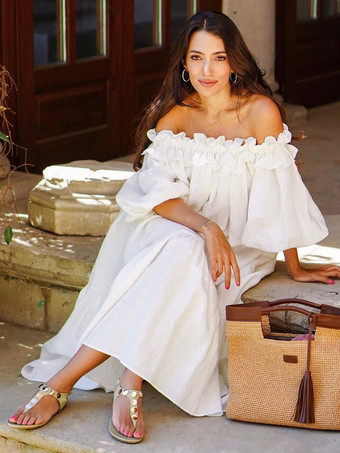 ホワイト ホワイト オフショルダー ロングドレス レディース - リネンコットン ボヘミアン フリル ランタンスリーブ ゆったり ビーチ サンドレス - 2026年夏休み