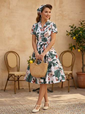 パステルグリーンヴィンテージプリントティーワンピース（女性用） - 1950年代風Aラインベルト付き半袖ロカビリースイングミディドレス - ホリデーピクニック2026