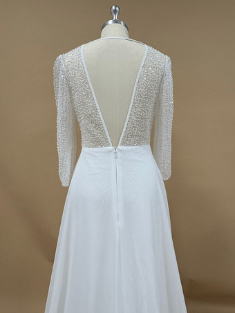 Robe de mariée simple avec traîne robe de bal manches 3/4 dentelle col en V