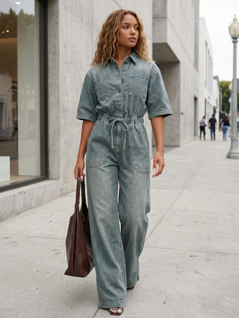 ライトスカイブルーストレッチウォッシュドデニムジャンプスーツ（レディース） - ライトブルー、ドローストリングウエスト、サイドスリット、ワイドレッグ、カーゴロンパース - サマーストリートウェア2026