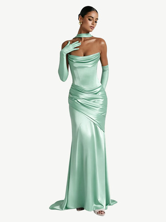 セージグリーンイブニングドレス ボールガウン デザインネックライン 伸縮性のあるシルク風サテン トレーン付き プリーツ フォーマルパーティードレス