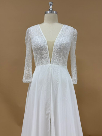 Robe de mariée simple avec traîne robe de bal manches 3/4 dentelle col en V