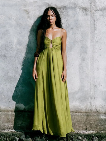 ハンターグリーン セクシーなカットアウトマキシドレス（女性用） - ギャザー入りバスト、スパゲッティストラップ、ボヘミアン風のゆったりとしたサマードレス - 2026年の夏のビーチバケーション