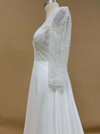 Robe de mariée simple avec traîne robe de bal manches 3/4 dentelle col en V