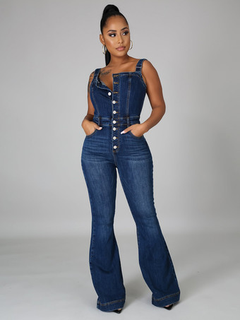 ボタンアップ ウォッシュドデニム ジャンプスーツ レディース - ダークブルー レトロ ボディコン フレアレッグ オーバーオール - サマーシック ストリートウェア 2026