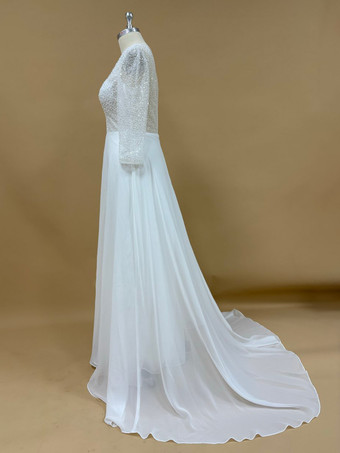 Robe de mariée simple avec traîne robe de bal manches 3/4 dentelle col en V