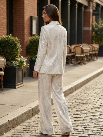 スパンコール付きツーピーススーツセット（女性用） - クラウドホワイトグリッターブレザーとワイドレッグパンツのセットアップ - 2026年春のパーティーナイト
